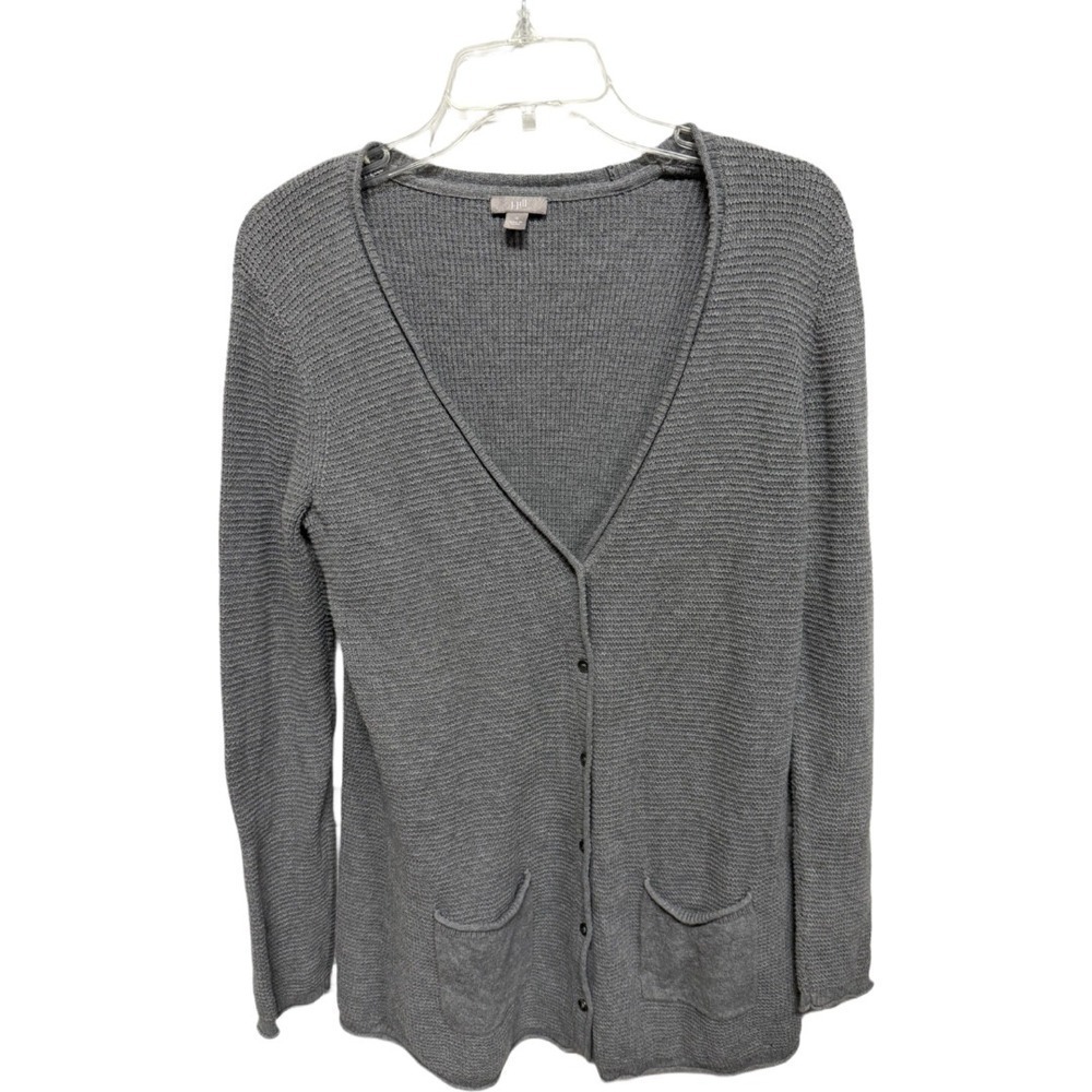 J. Jill Gray Waffle Knit Button Cardigan Grandma Sweater Size Small Cottage Core